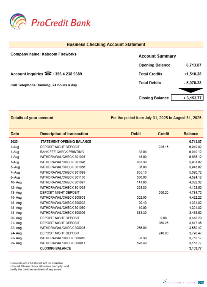 Download ProCredit organization checking account statement Word and PDF format Photoshop template